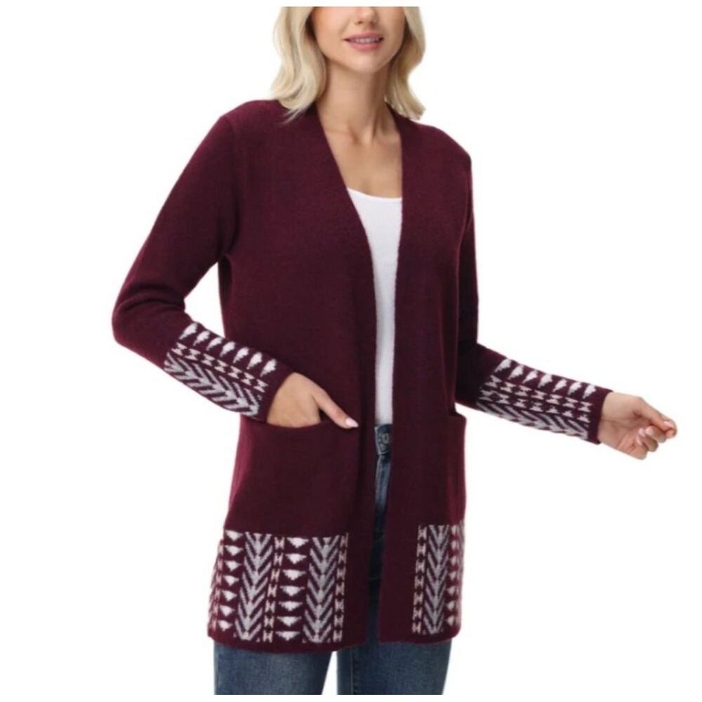 Frye Womens Burgundy Geometric Fair Isle Open Front Cardigan Sweater Pockets L